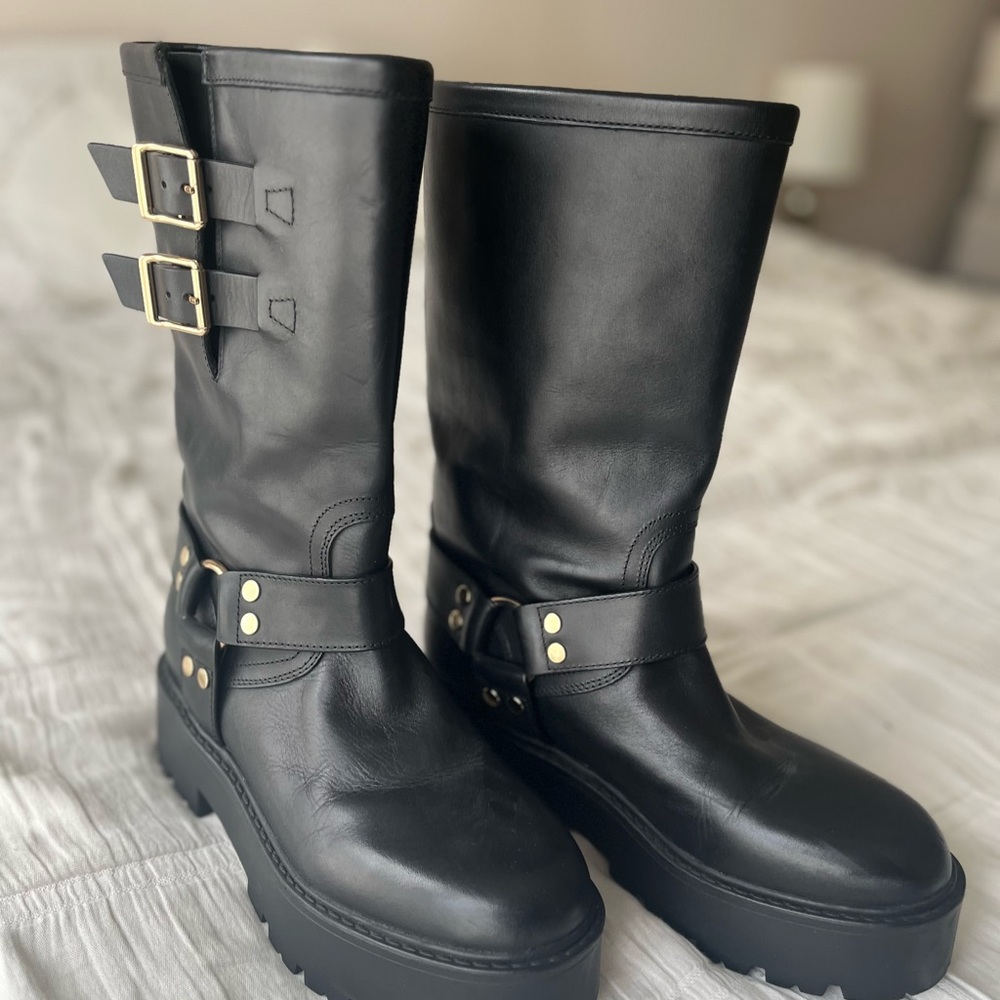 Marc Fisher Black Leather Moto Boots with Buckles